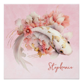 Póster Color de agua rosada Gold Koi Floral de pescado pe