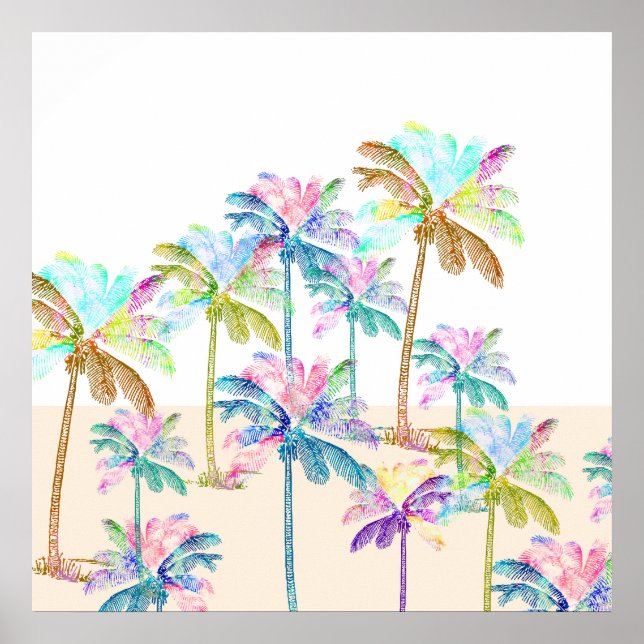 Póster Color de agua rosada Tropical Hawaiano Palmeras (Frente)