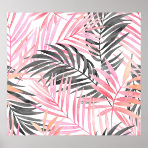 Póster Color del agua de las hojas verdes rosadas tropica