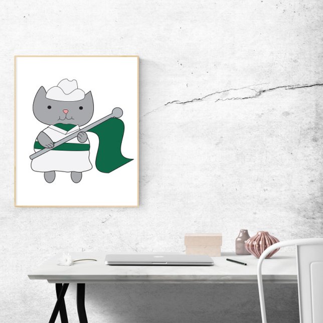 Póster Color Guard Cat Green y White (A poster of a gray cat in a green and white color guard uniform with a green flag.)