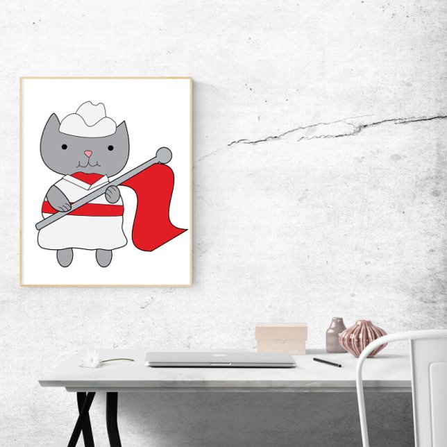 Póster Color Guard Cat Rojo Blanco (This poster features a cute gray cat wearing a red and white color guard uniform.)