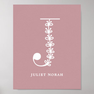 Póster Color personalizado Floral Monograma Letra J Nombr