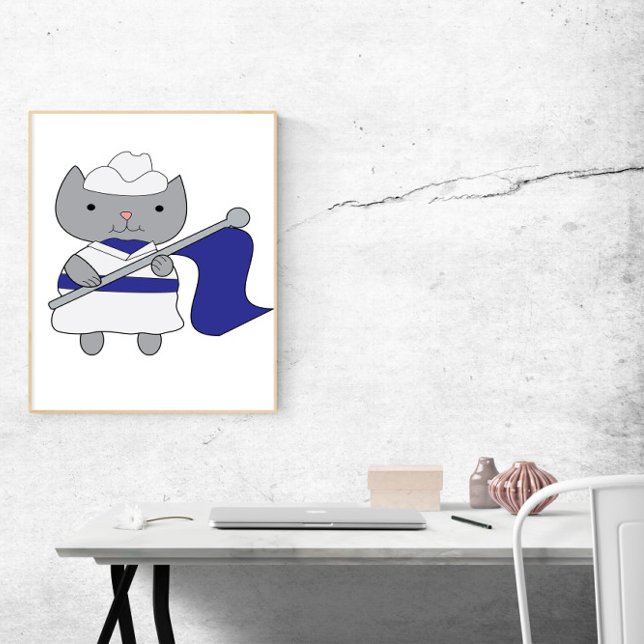 Póster Color protector de color azul (A poster of a gray cat in a blue and white color guard uniform complete with flag.)