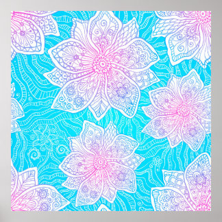 Póster Colores azul y rosa adornados con flores sin costu