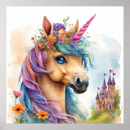 Póster Colores de agua de unicornio con Castillo y Flores