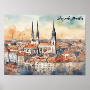 Póster Colores de agua de vista de ciudad de Croacia de Z