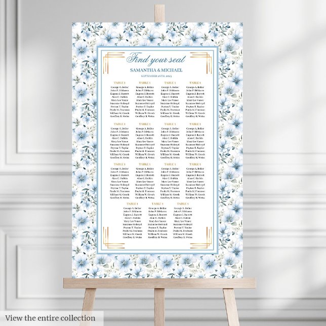 Póster Colores de agua deslumbrantes y turbias cartas de  (Dazzling Watercolor Dusty Blue Gold Seating Chart

)