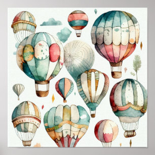 Póster Colores de agua rusas Balones de aire caliente Imp