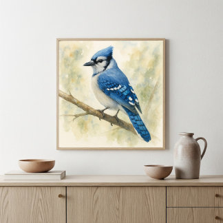 Póster Colores de agua vibrantes, Jay azul en rama