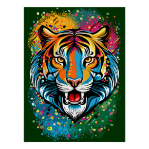Póster Colores de arcoíris de cabeza de tigre pintan manc