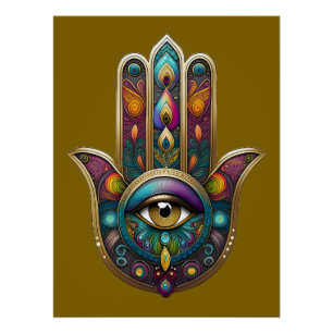 Póster Colores de Pavo Real Hamsa con Tercer Ojo de Oro