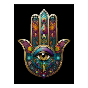 Póster Colores de pavo real Hamsa con tercer ojo de oro