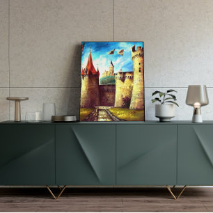 Póster Colorful Castle Courtyard with Village Poster