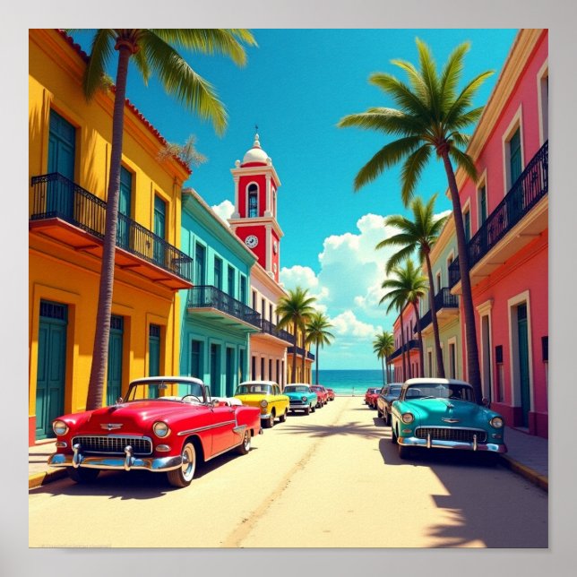 Póster Colorful Cuban Street with Classic Cars  (Frente)