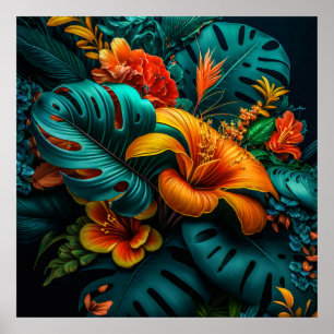 Póster Colorful Elegant Tropical Leaves and Flowers