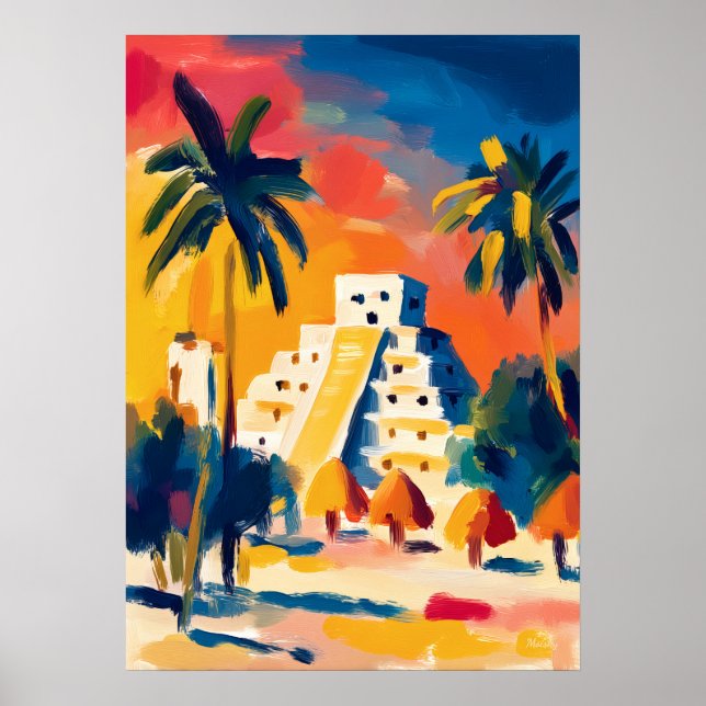 Póster Colorful Fauvist Chichen Itza Pyramid Art (Frente)