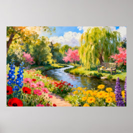 Póster Colorful Flower Garden River Spring Landscape Art