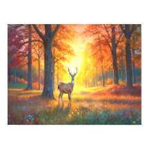 Colorful Forest Flowers and Deer Art
