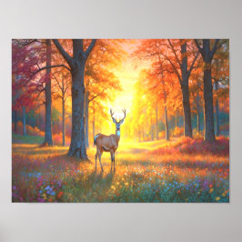 Póster Colorful Forest Flowers and Deer Art