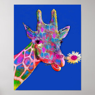 Póster Colorful Giraffe Sunflower