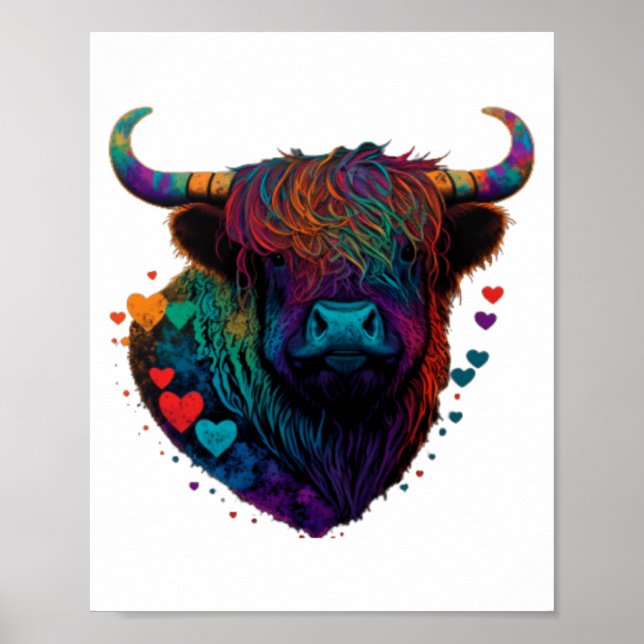 Póster Colorful Highland Cow Valentines Day Farm Cow 1  (Frente)