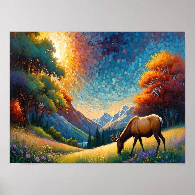 Póster Colorful Meadow Elk with Flowers Art (Frente)