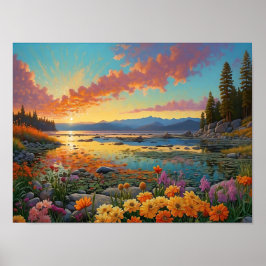 Póster Colorful Mountain Lake Flowers Art