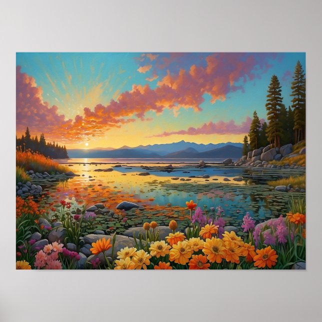 Póster Colorful Mountain Lake Flowers Art (Frente)