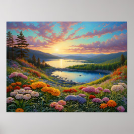 Póster Colorful Mountain Lake Flowers Art