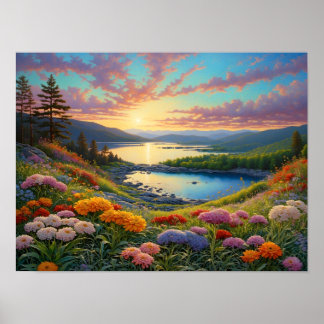 Póster Colorful Mountain Lake Flowers Art