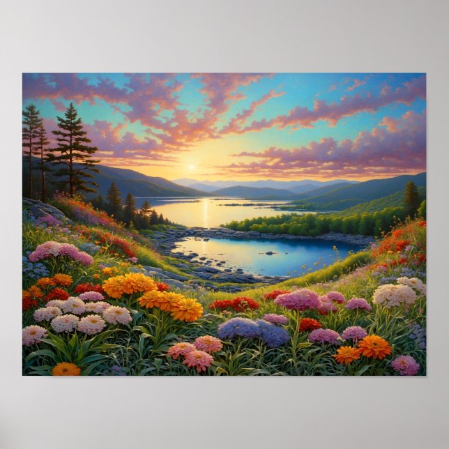 Póster Colorful Mountain Lake Flowers Art (Frente)
