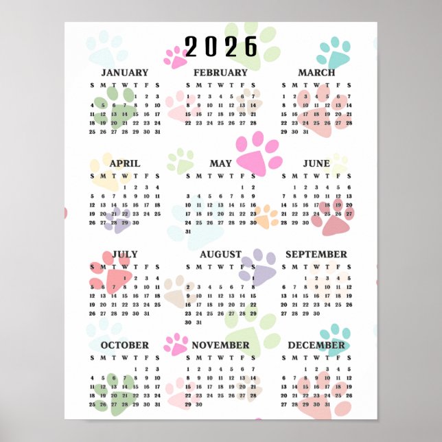 Póster Colorful Paw Prints 2026 Wall Calendar (Frente)