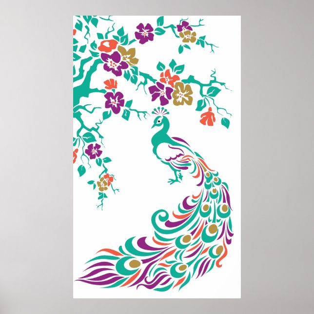 Póster Colorful peacock and cherry blossoms poster (Frente)