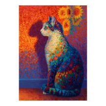 Colorful Pointillism Cat with Sunflowers Art