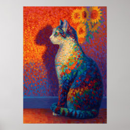 Póster Colorful Pointillism Cat with Sunflowers Art