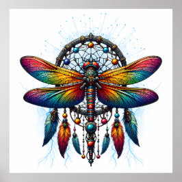 Póster Colorful Psychedelic Dragonfly Dreamcatcher Boho