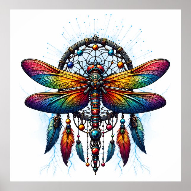 Póster Colorful Psychedelic Dragonfly Dreamcatcher Boho (Frente)