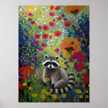 Colorful Raccoon in Wildflower Garden Art Animal