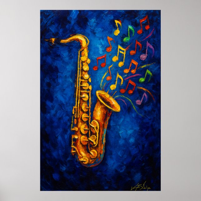 Póster Colorful Saxophone Music Notes (Frente)