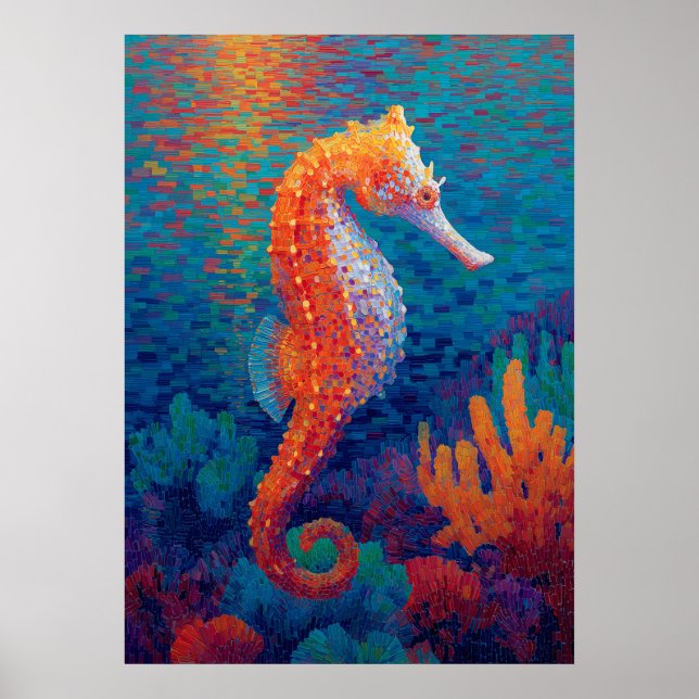 Póster Colorful Seahorse Pointillism Ocean Painting (Frente)