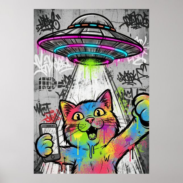 Póster Colorful Street Art Cat with UFO Graffiti (Frente)