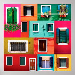 Póster Colorful windows collection Burano island in Italy