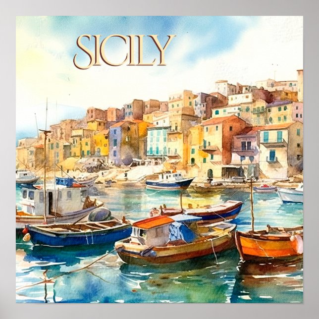 Póster Colorida acuarela Sicily Harbour Travel (Frente)