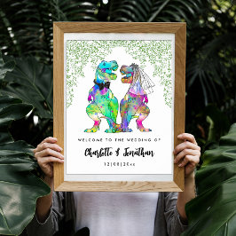Póster Colorida bienvenida Boda temática de dinosaurios