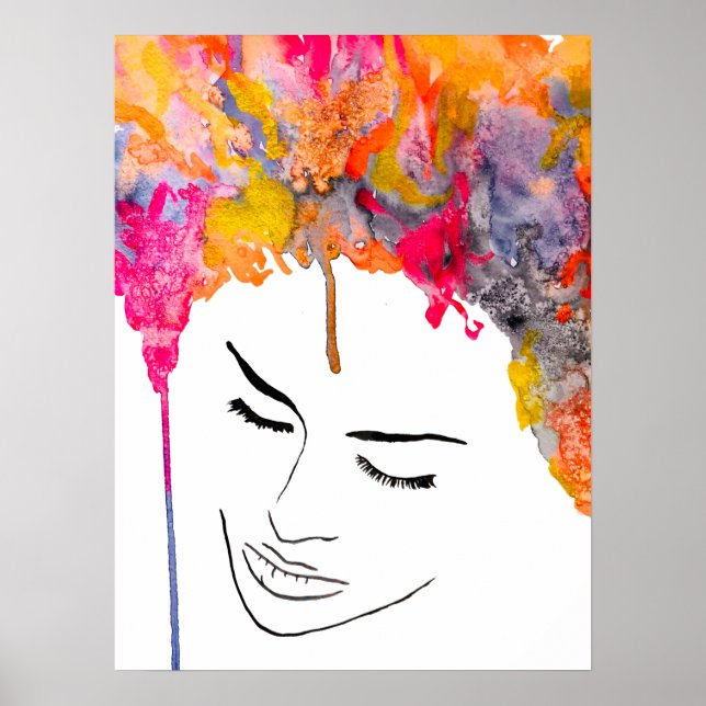 Póster Colorida dama de pelo funky acuarela (Frente)