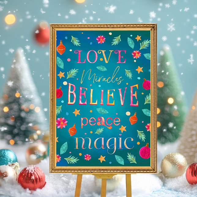 Póster Colorida floral rosa Inspiradora (Festive colorful Christmas hand painted letter details. Love, Miracles, Believe, Peace and Magic.)