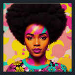 Póster Colorida Mujer Negra Afro Pop Art<br><div class="desc">Esta obra de arte pop presenta a una hermosa mujer negra con una gran afro, estética de los años 70 con un poco de flor y aretes de aro. Una vibrante belleza melanina con cabello natural en una atrevida pieza de arte digital multicolor. El color cian, magenta rosa y amarillo...</div>