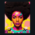 Póster Colorida Mujer Negra Afro Pop Art<br><div class="desc">Esta obra de arte pop presenta a una hermosa mujer negra con una gran afro, estética de los años 70 con un poco de flor y aretes de aro. Una vibrante belleza melanina con cabello natural en una atrevida pieza de arte digital multicolor. El color cian, magenta rosa y amarillo...</div>