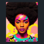 Póster Colorida Mujer Negra Afro Pop Art<br><div class="desc">Esta obra de arte pop presenta a una hermosa mujer negra con una gran afro, estética de los años 70 con un poco de flor y aretes de aro. Una vibrante belleza melanina con cabello natural en una atrevida pieza de arte digital multicolor. El color cian, magenta rosa y amarillo...</div>