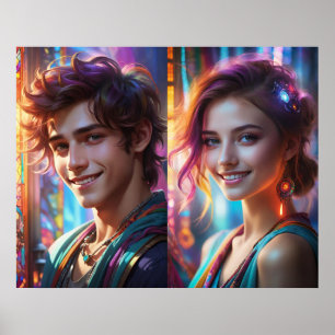 Póster Colorida Pareja de Música con sonrisas impresionan